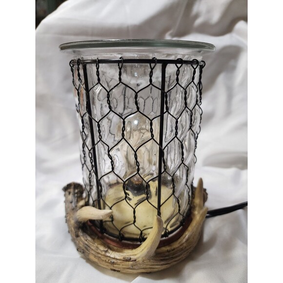 Scentsy Antler Lodge Full Size Wax Warmer Glass & Wire Shade Plug In Cabin Woods - Picture 2 of 11